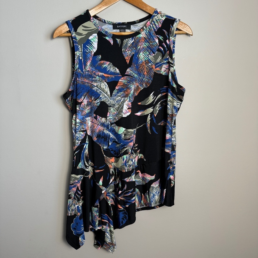 KAREN KANE Women's Tropical Floral Print Sleeveless Asymmetrical Blouse X-Large